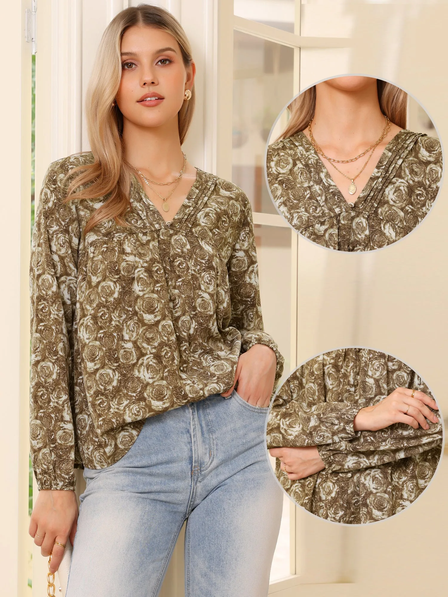 V Neck Floral Prints Button Decor Long Sleeve Blouse sold by Allegra K product image thumbnail 3