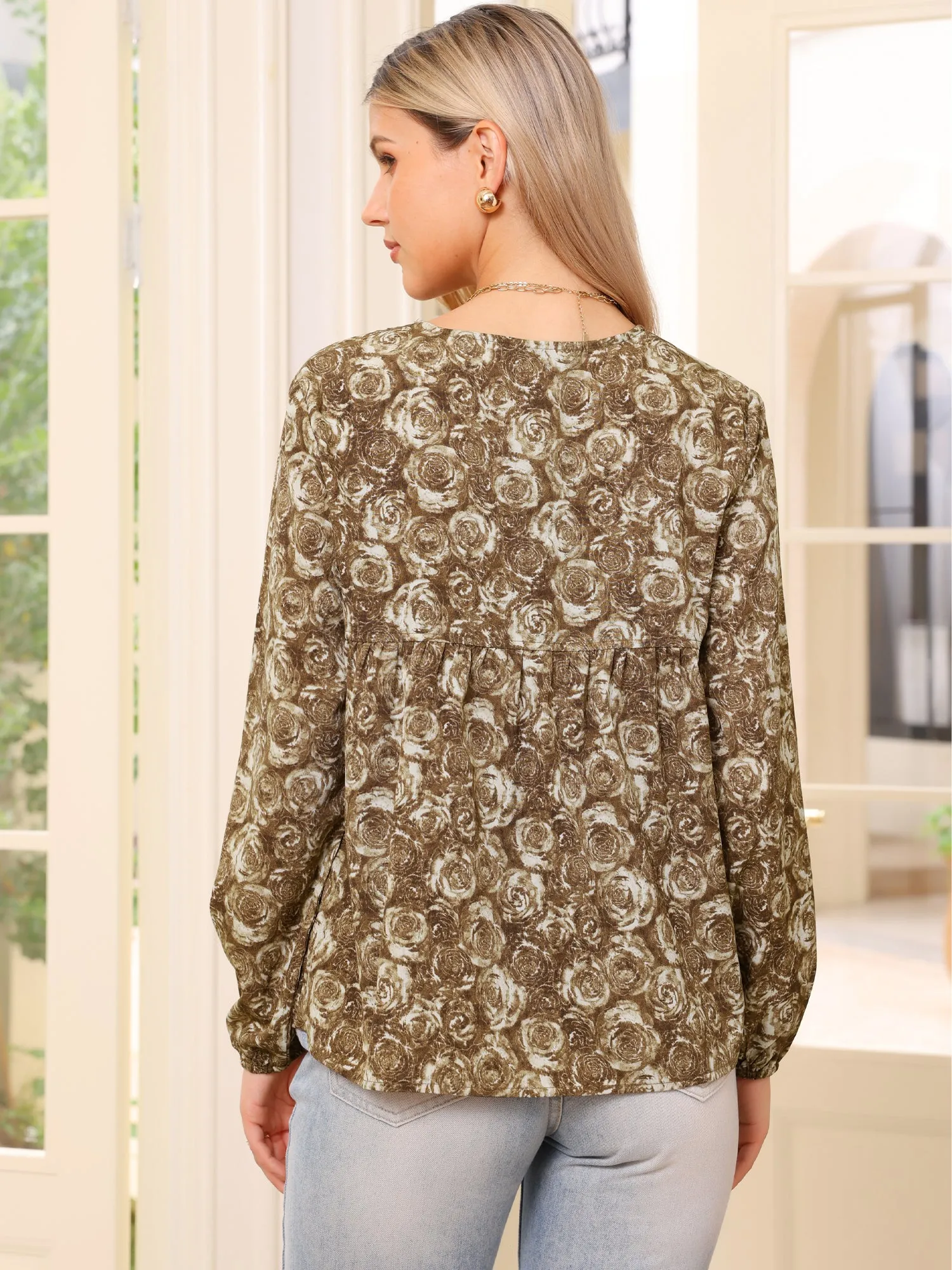 V Neck Floral Prints Button Decor Long Sleeve Blouse sold by Allegra K product image thumbnail 2