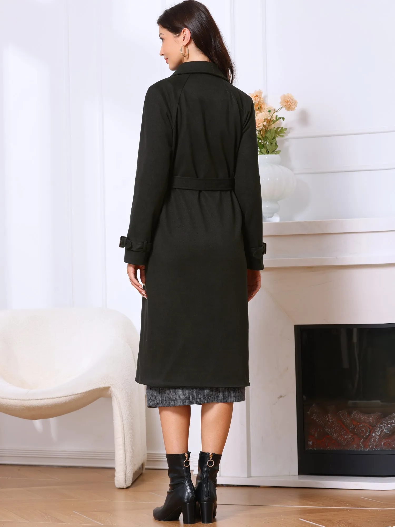 Double Breasted Notched Lapel Long Sleeve Belted Trench Coat sold by Allegra K product image thumbnail 2