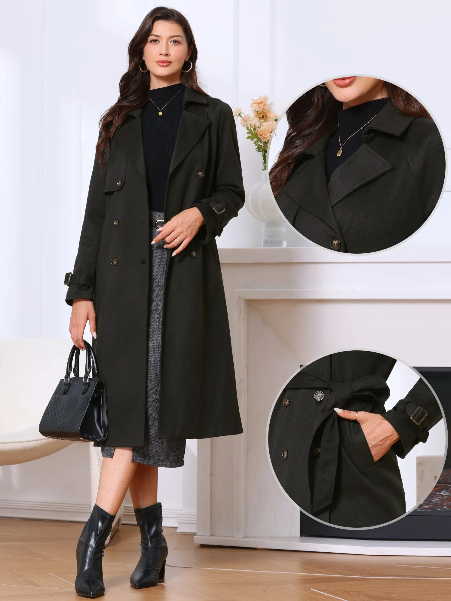 Double Breasted Notched Lapel Long Sleeve Belted Trench Coat sold by Allegra K