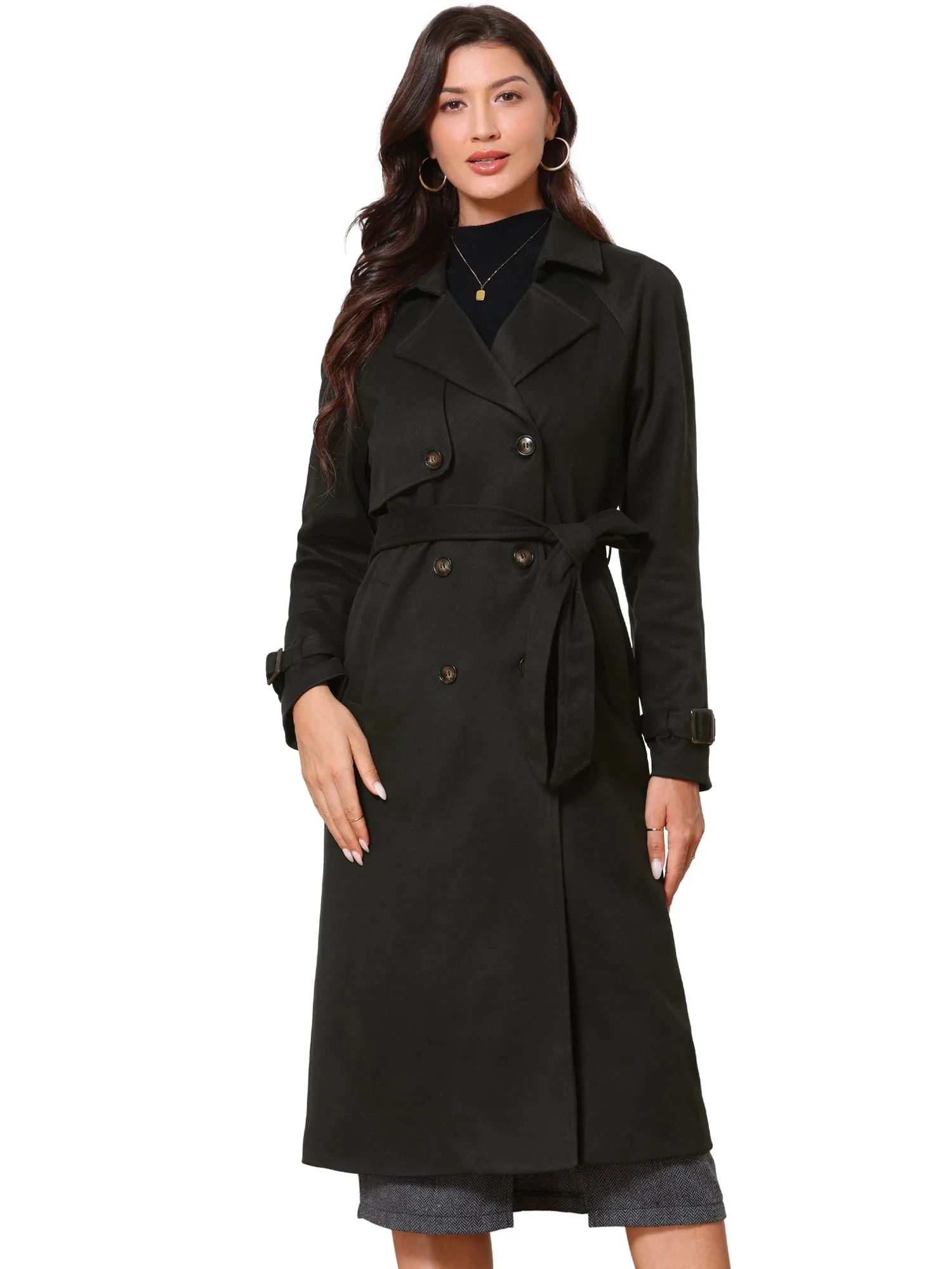Double Breasted Notched Lapel Long Sleeve Belted Trench Coat sold by Allegra K product image thumbnail 4