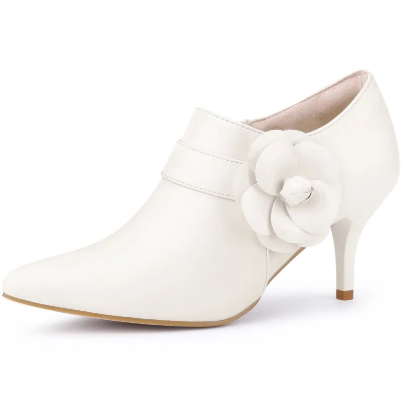 Flower Decor Pointed Toe Side Zip Stiletto Heels Ankle Booties sold by Allegra K