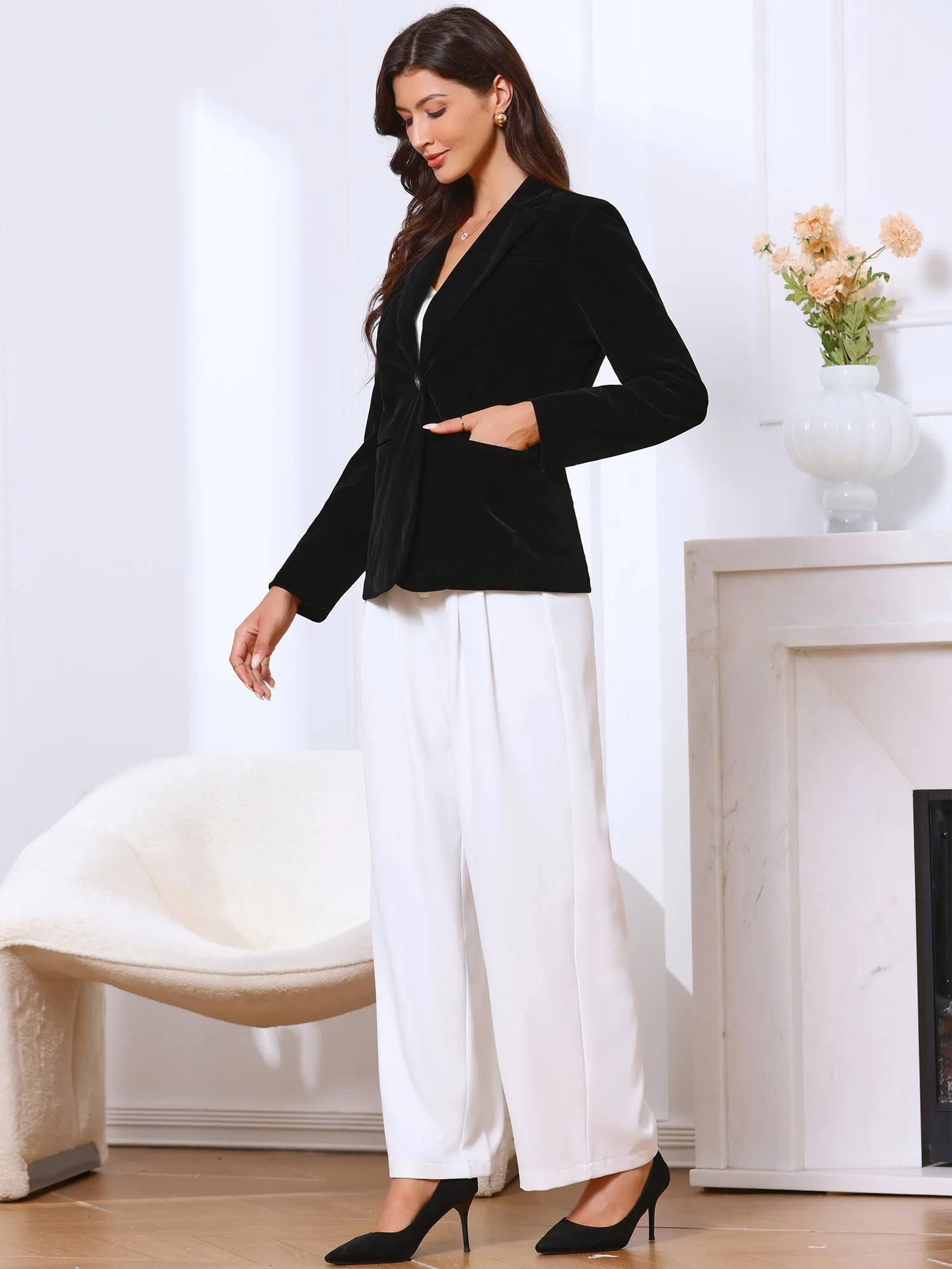 Long Sleeve Notch Lapel Button Pocketed Velvet Blazer sold by Allegra K product image thumbnail 3