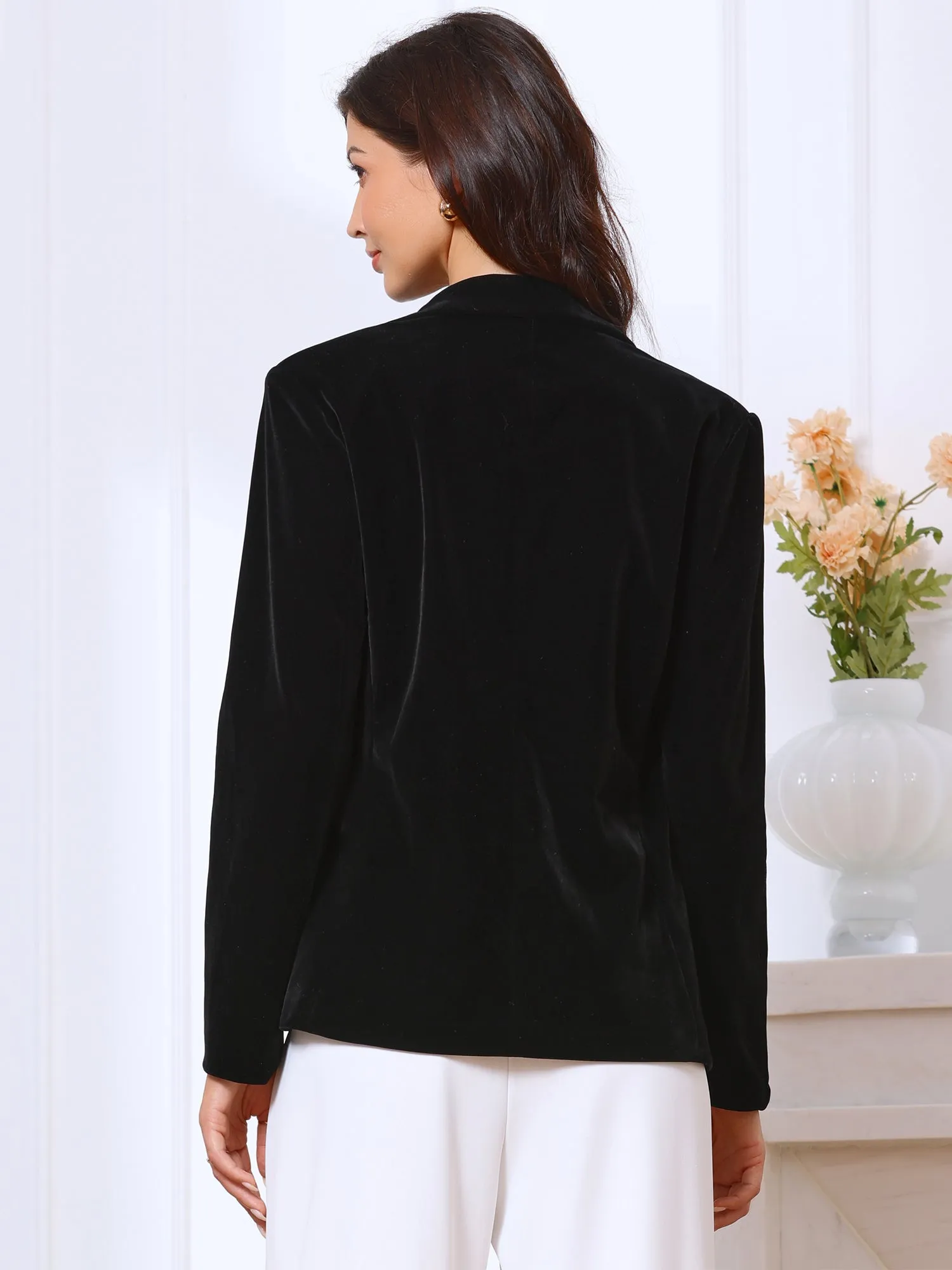 Long Sleeve Notch Lapel Button Pocketed Velvet Blazer sold by Allegra K product image thumbnail 2