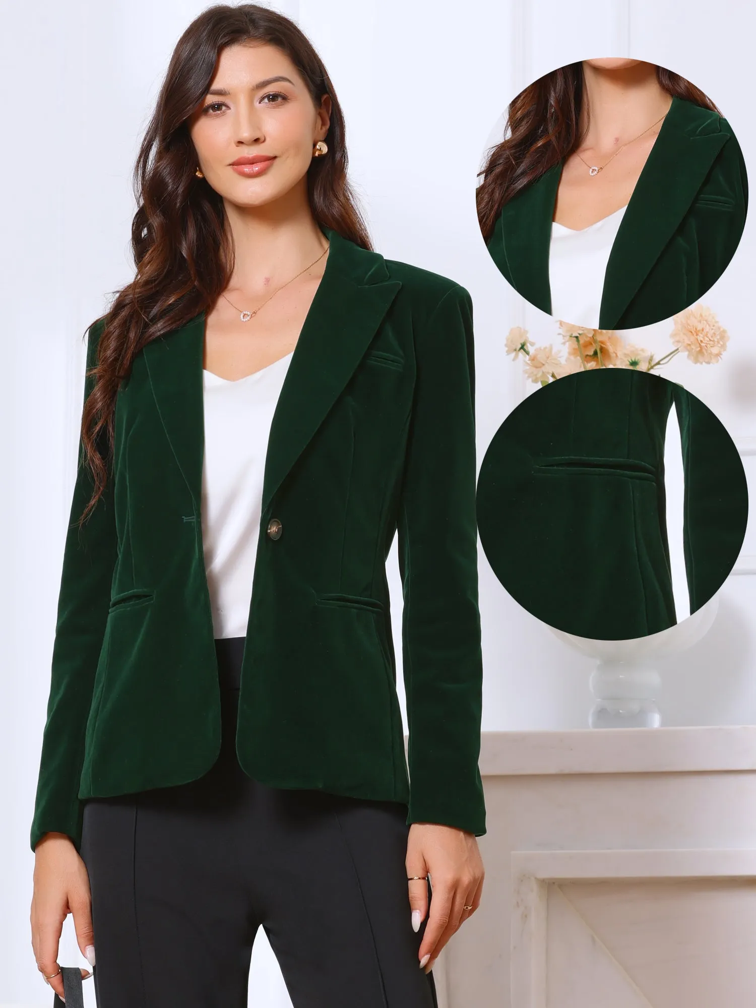 Long Sleeve Notch Lapel Button Pocketed Velvet Blazer sold by Allegra K product image thumbnail 5