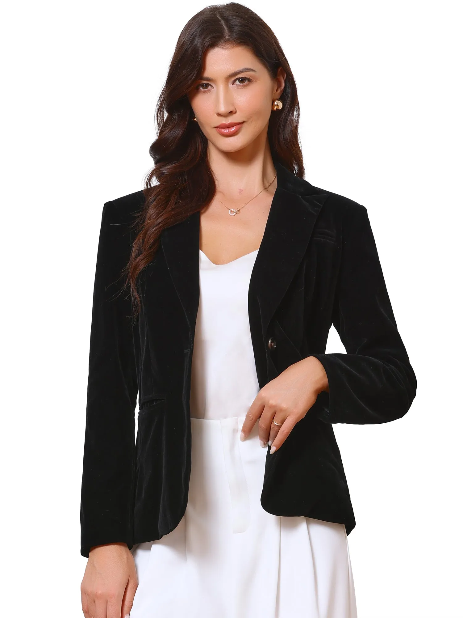 Long Sleeve Notch Lapel Button Pocketed Velvet Blazer sold by Allegra K product image thumbnail 4