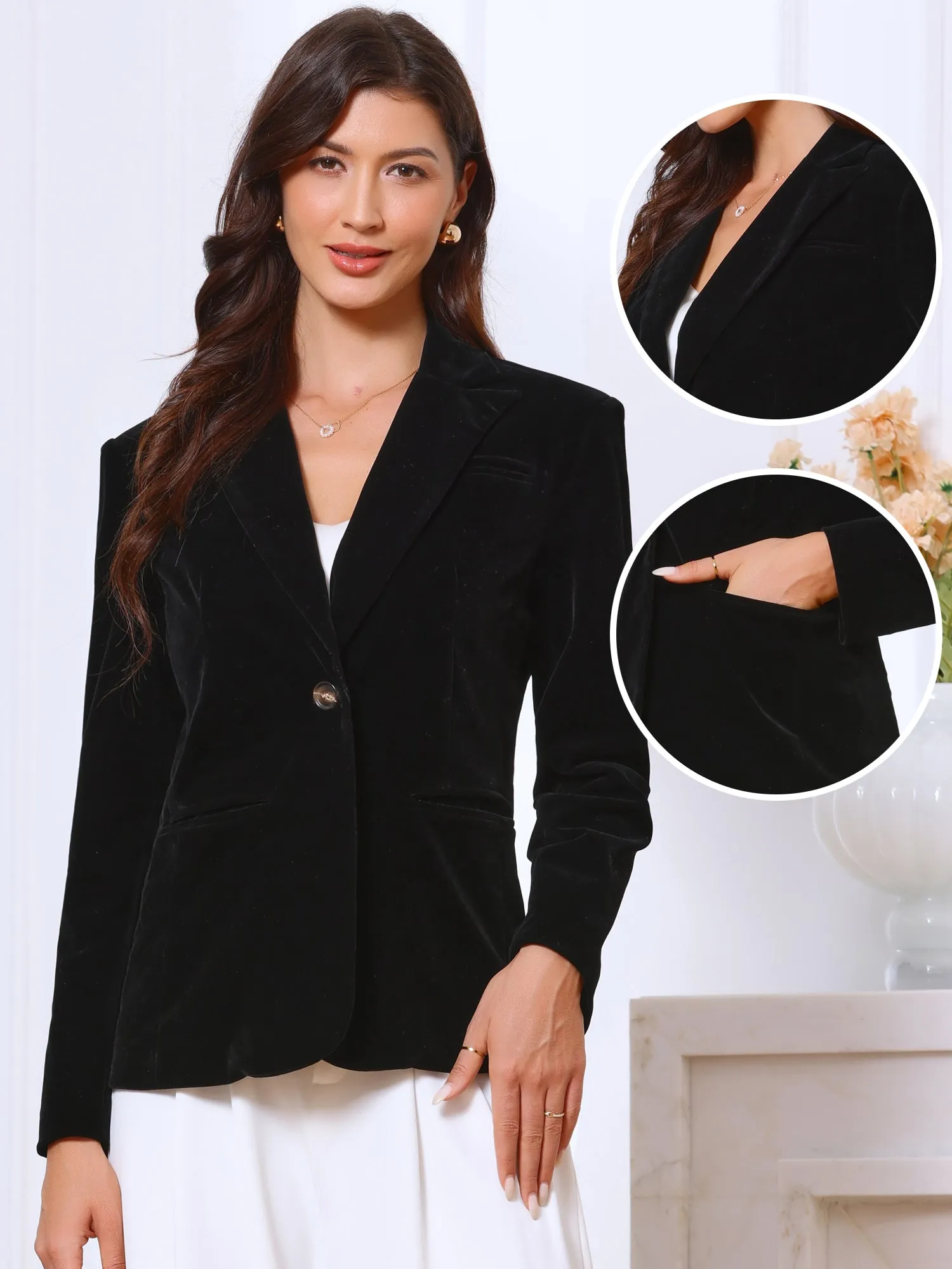 Long Sleeve Notch Lapel Button Pocketed Velvet Blazer sold by Allegra K