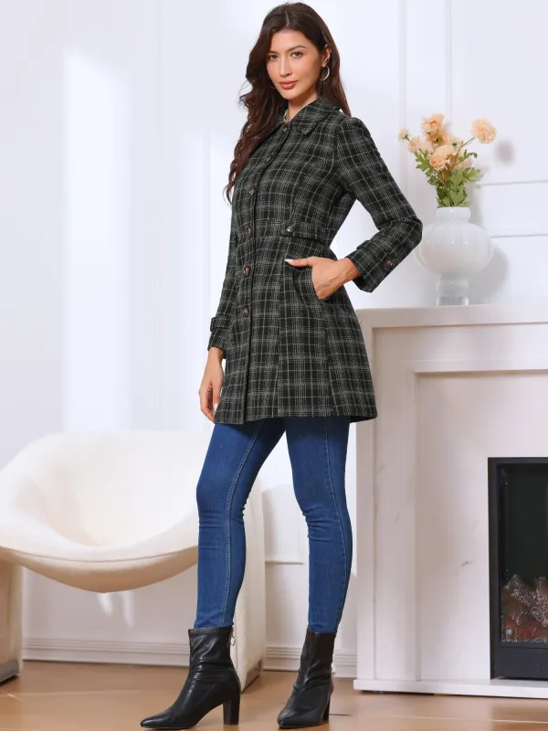 Single Breasted Plaid Long Sleeves Pocketed Pea Coat sold by Allegra K
