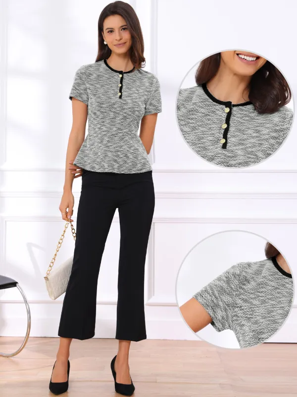 Tweed Crewneck Short Sleeve Office Work Peplum Blouse made by Allegra K