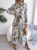 Lapel Boho Paisley Long Sleeves Tie Waist Midi Dress sold by Allegra K