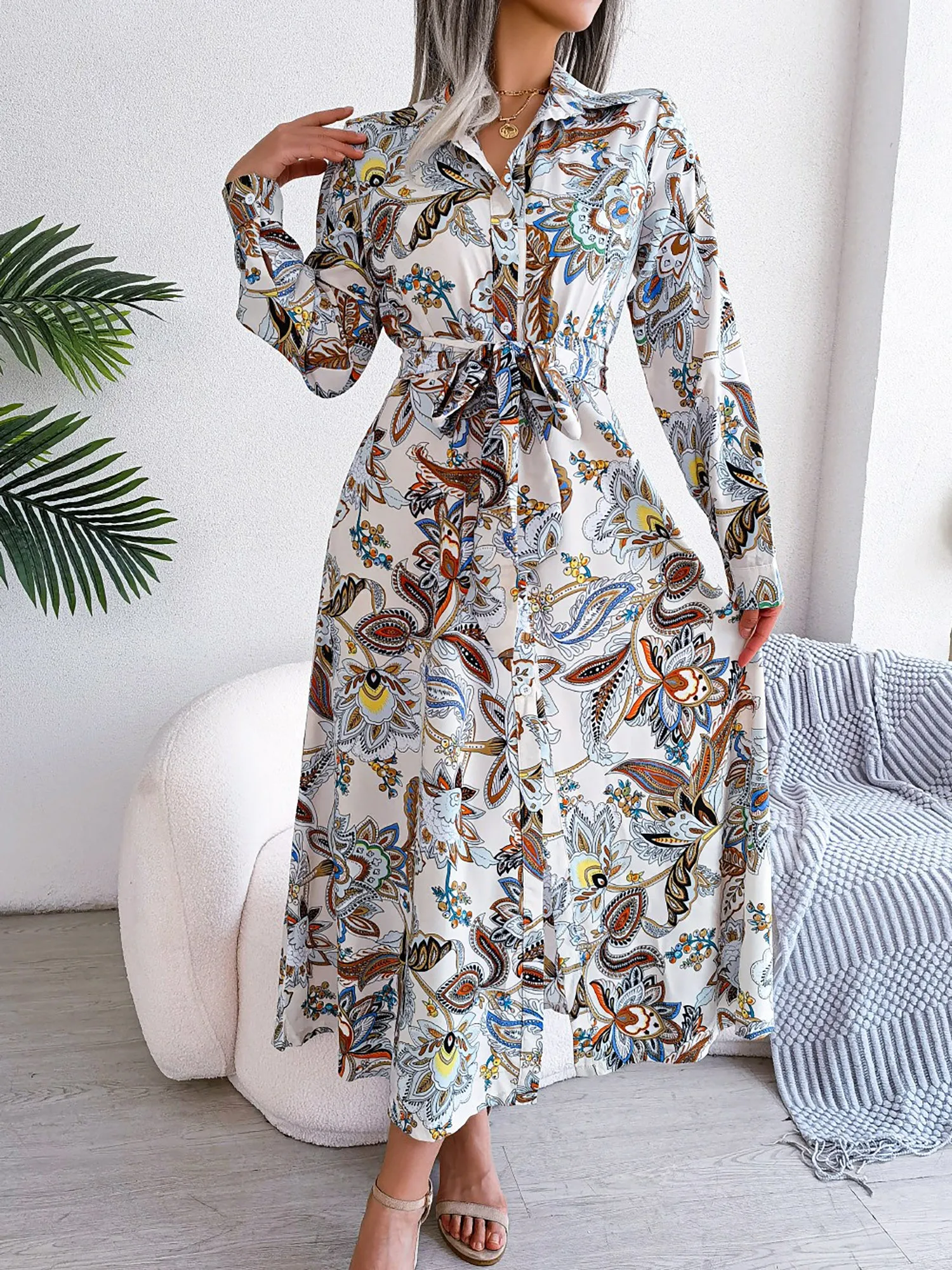 Lapel Boho Paisley Long Sleeves Tie Waist Midi Dress sold by Allegra K product image thumbnail 3
