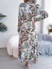 Lapel Boho Paisley Long Sleeves Tie Waist Midi Dress sold by Allegra K