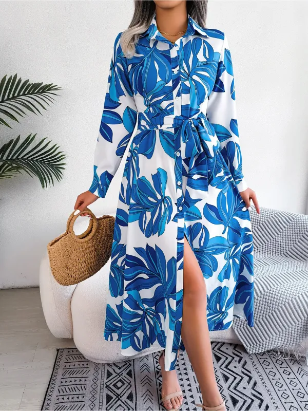 Lapel Long Sleeves Tie Waist Midi Shirt Dress sold by Allegra K
