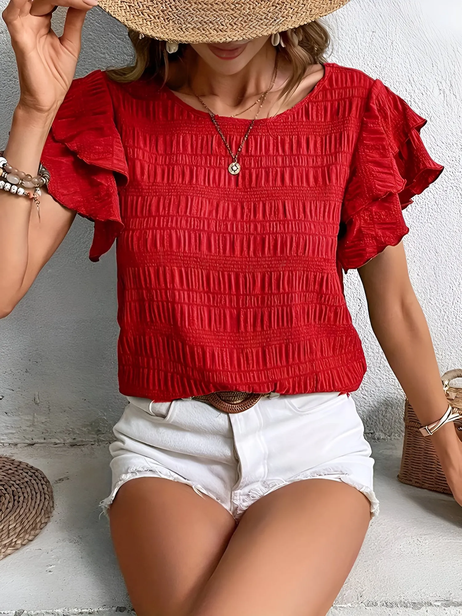 Round Neck Layered Ruffle Sleeve Casual Top sold by Allegra K product image thumbnail 4