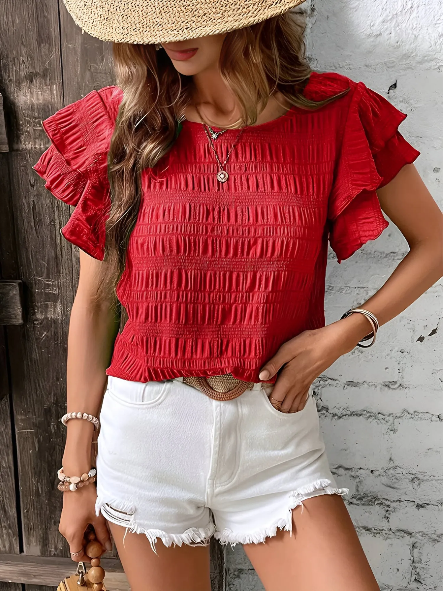 Round Neck Layered Ruffle Sleeve Casual Top sold by Allegra K product image thumbnail 3