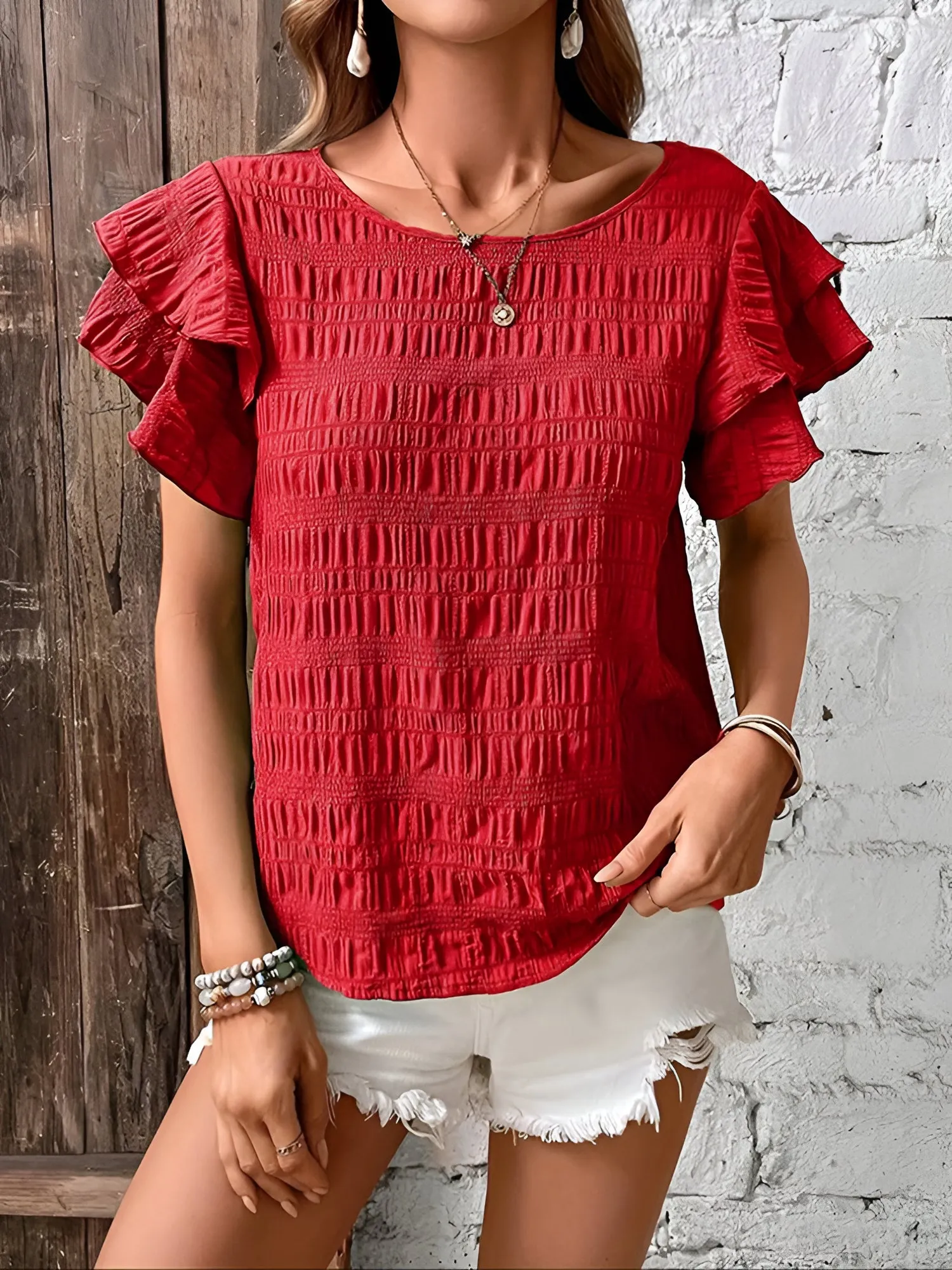 Round Neck Layered Ruffle Sleeve Casual Top sold by Allegra K