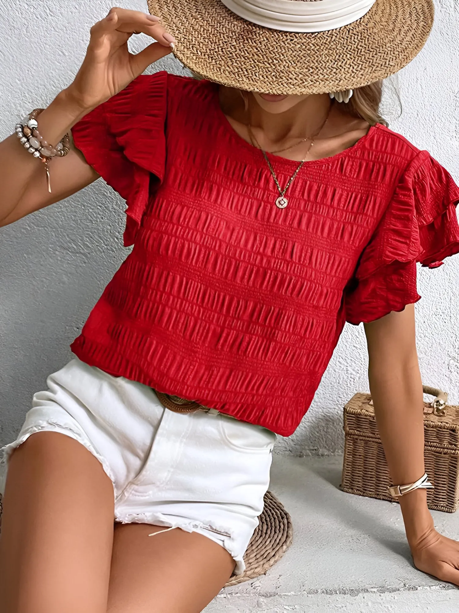 Round Neck Layered Ruffle Sleeve Casual Top sold by Allegra K product image thumbnail 5