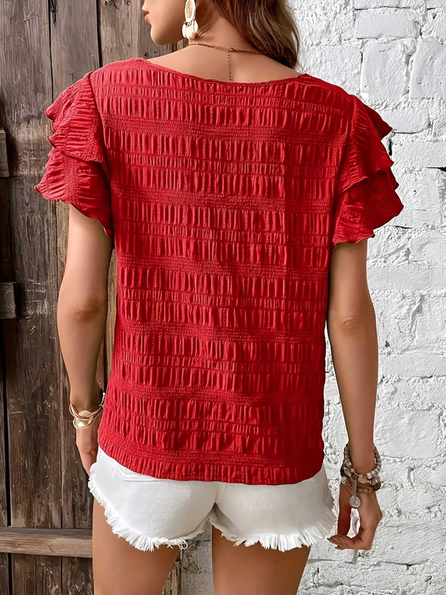 Round Neck Layered Ruffle Sleeve Casual Top sold by Allegra K product image thumbnail 2
