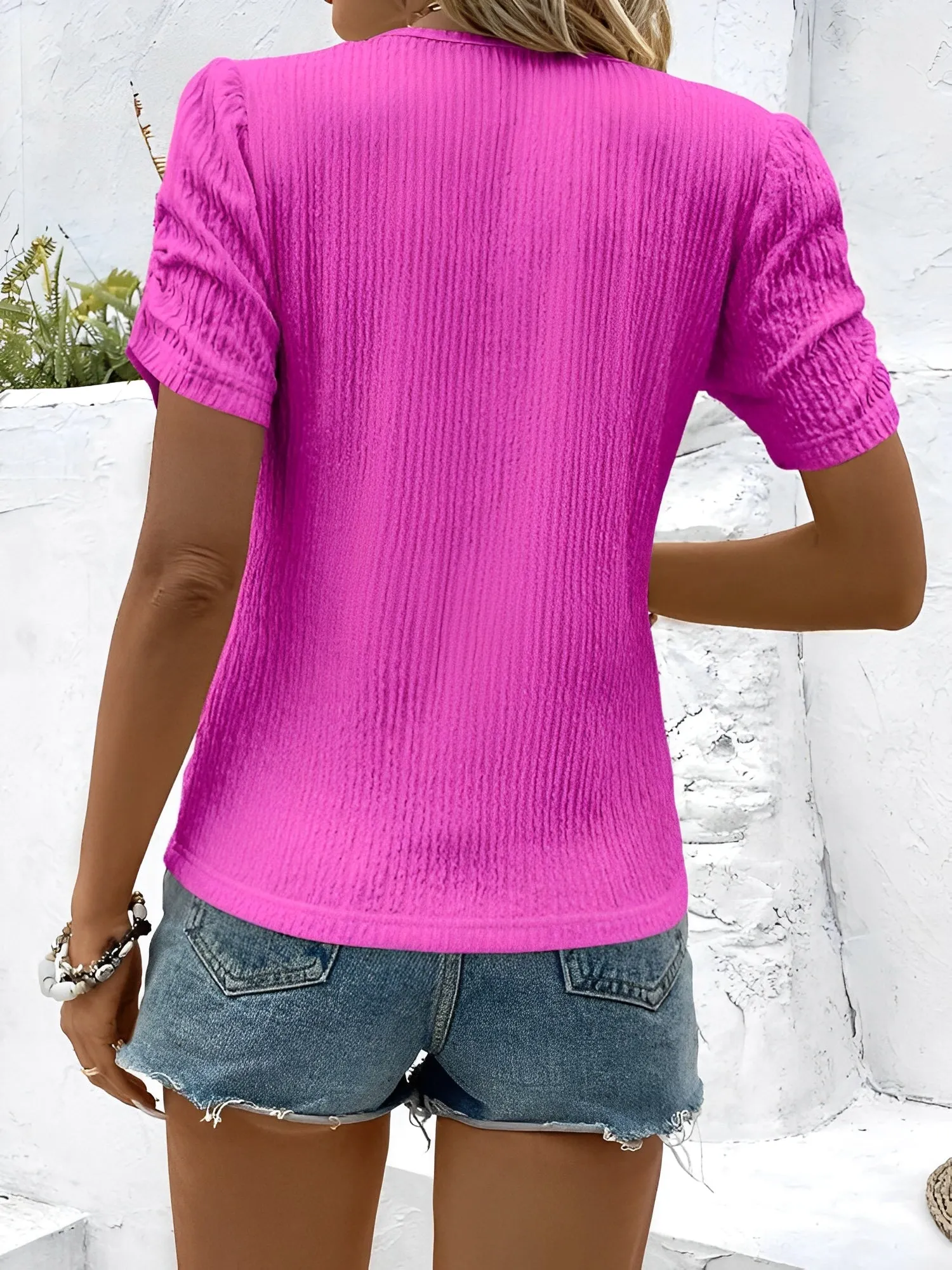 Round Neck Ruched Short Sleeve Textured Blouse sold by Allegra K product image thumbnail 2