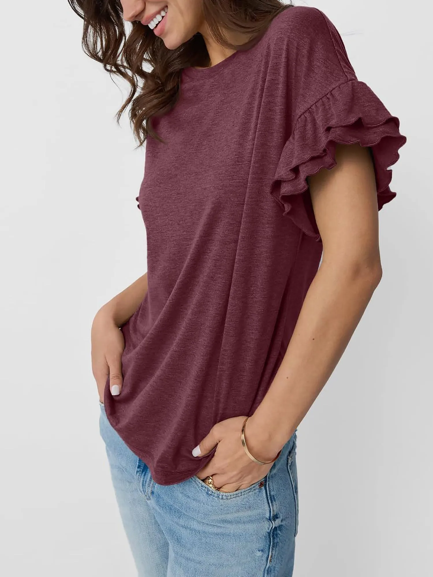 Solid Color Round Neck Ruffled Sleeve Blouse sold by Allegra K product image thumbnail 3
