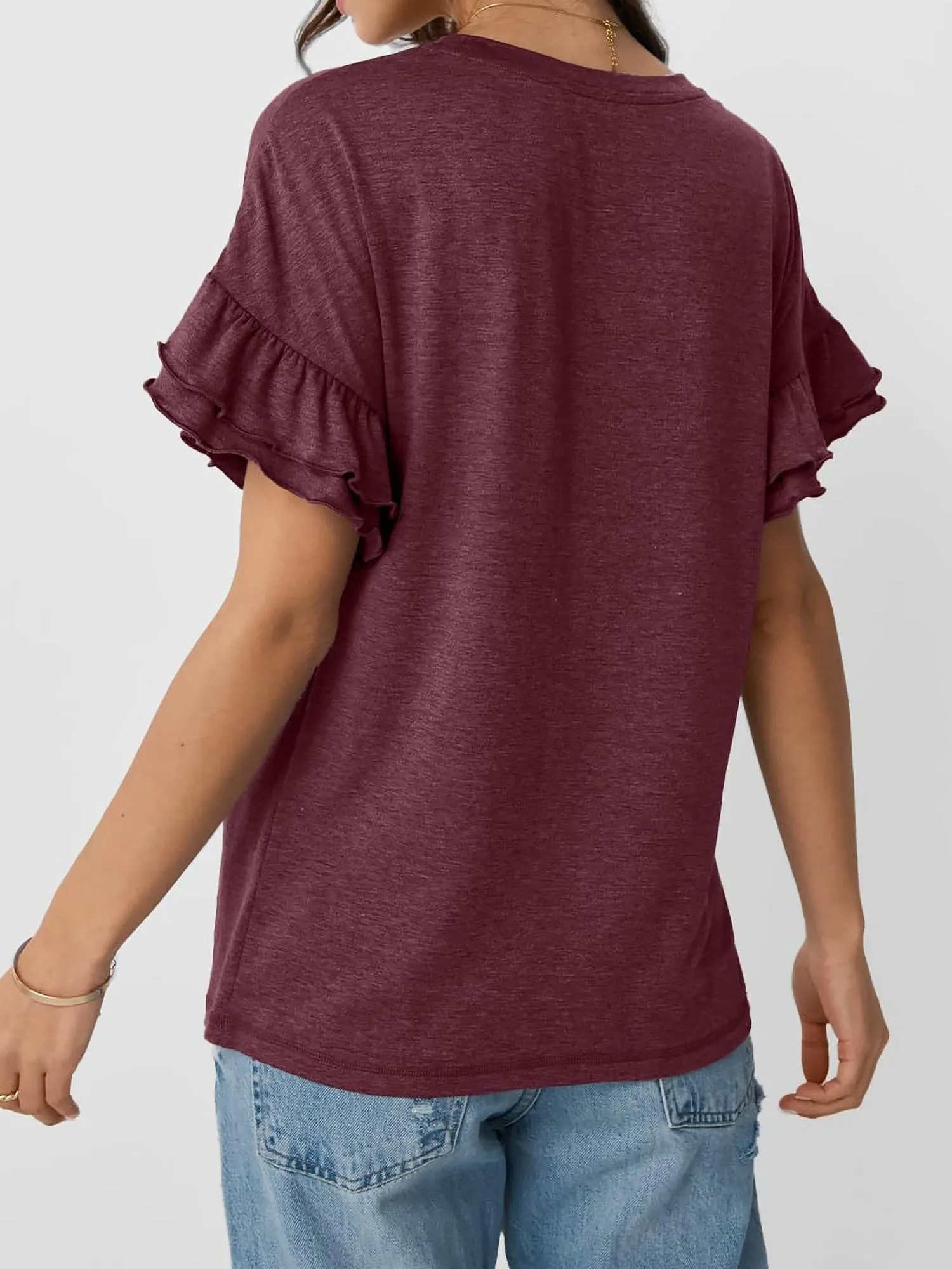 Solid Color Round Neck Ruffled Sleeve Blouse sold by Allegra K product image thumbnail 2