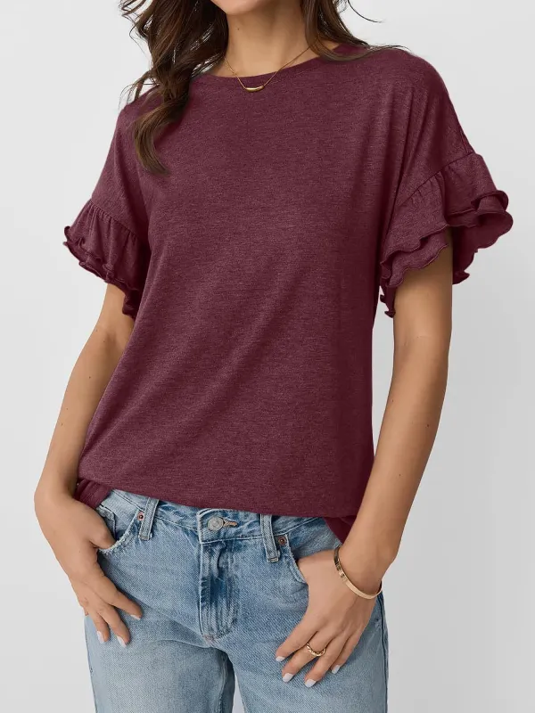 Solid Color Round Neck Ruffled Sleeve Blouse sold by Allegra K
