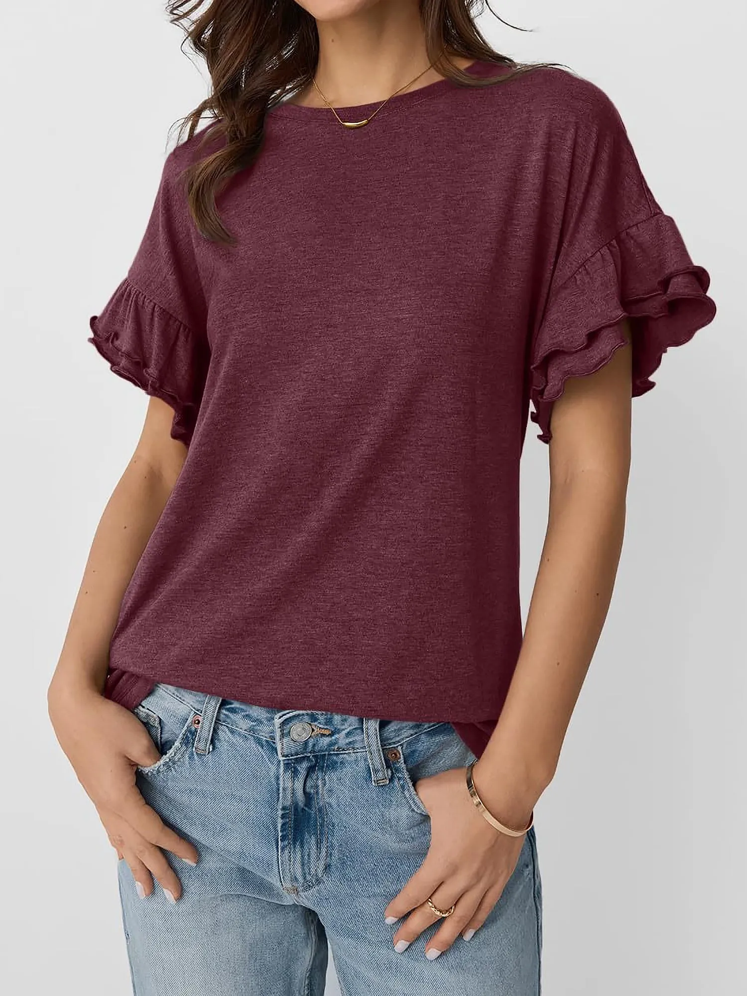 Solid Color Round Neck Ruffled Sleeve Blouse sold by Allegra K