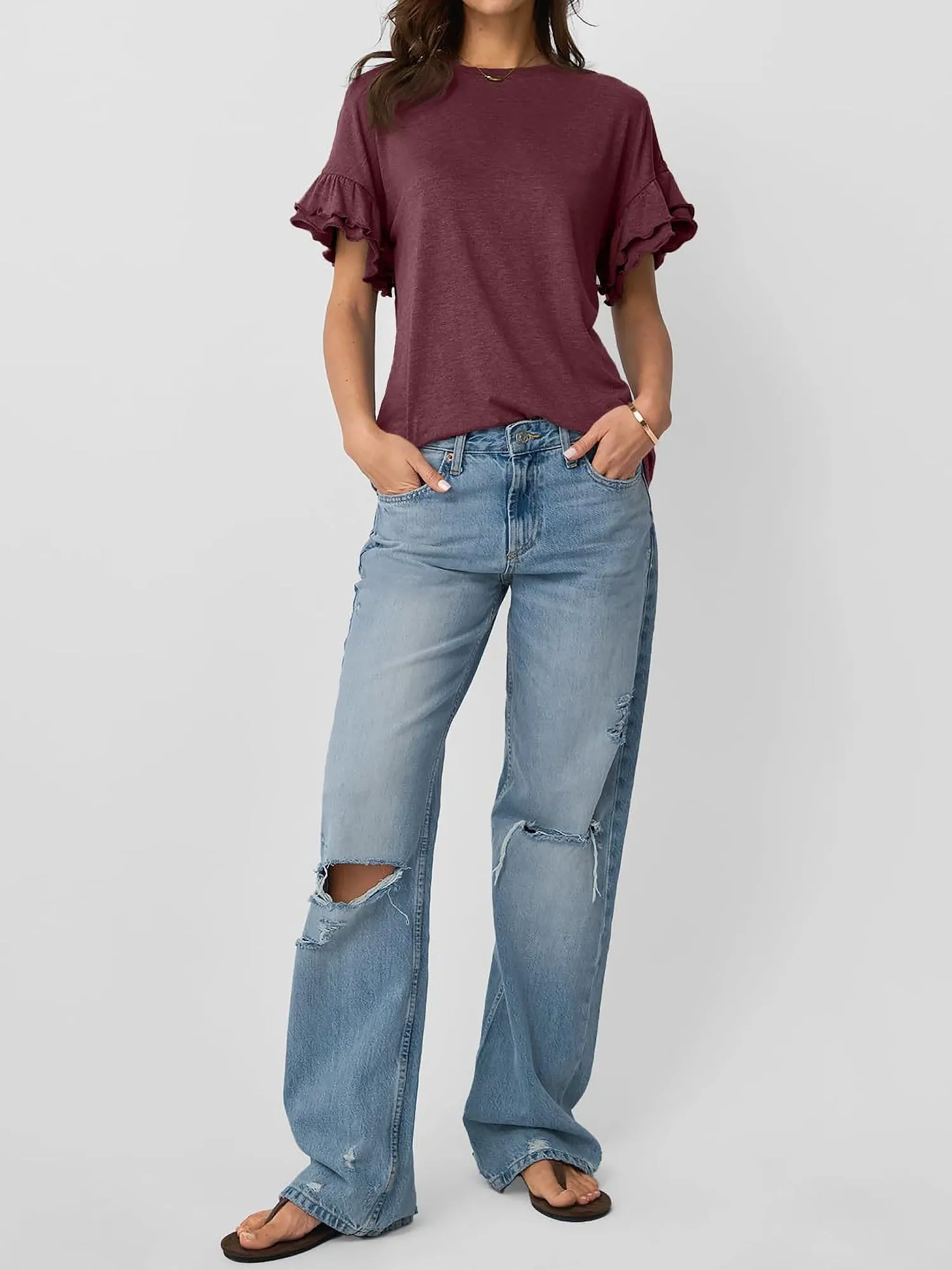 Solid Color Round Neck Ruffled Sleeve Blouse sold by Allegra K product image thumbnail 4