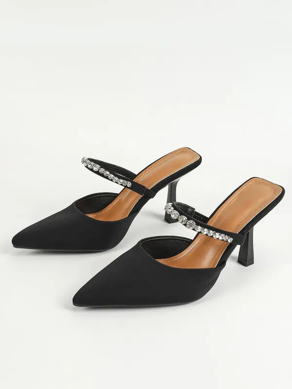 Rhinestone Decor Pointed Toe Stiletto High Heels Mules sold by Allegra K