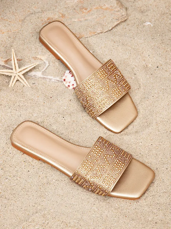 Rhinestone Gold Faux Leather Square Toe Flats made by Allegra K