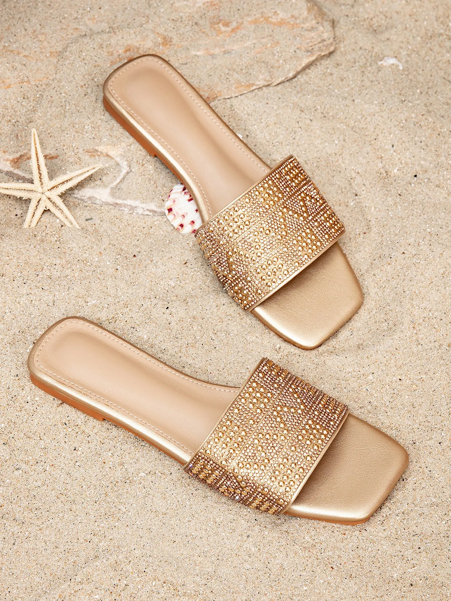 Rhinestone Gold Faux Leather Square Toe Flats sold by Allegra K