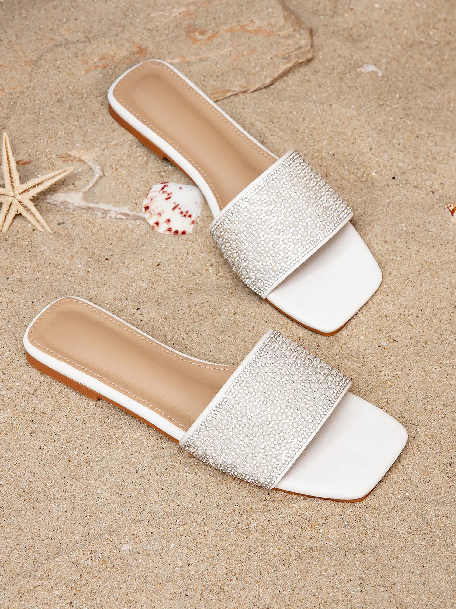 Faux Pearl Rhinestone Square Toe Flats sold by Allegra K