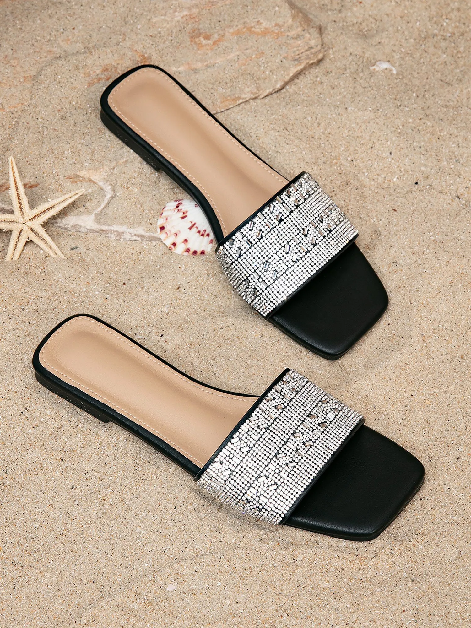 Rhinestone Square Toe Faux Leather Flats sold by Allegra K