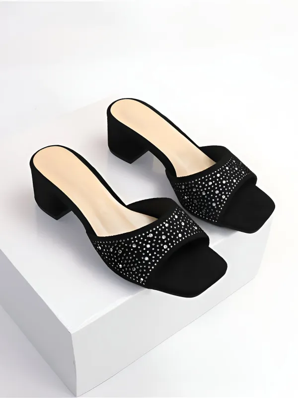 Square Toe Faux Suede Rhinestone Thick Heel Sandals made by Allegra K