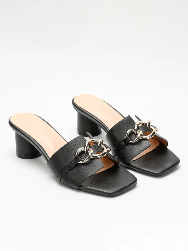 Square Toe Chain Decor Chunky High Heel Sandals sold by Allegra K