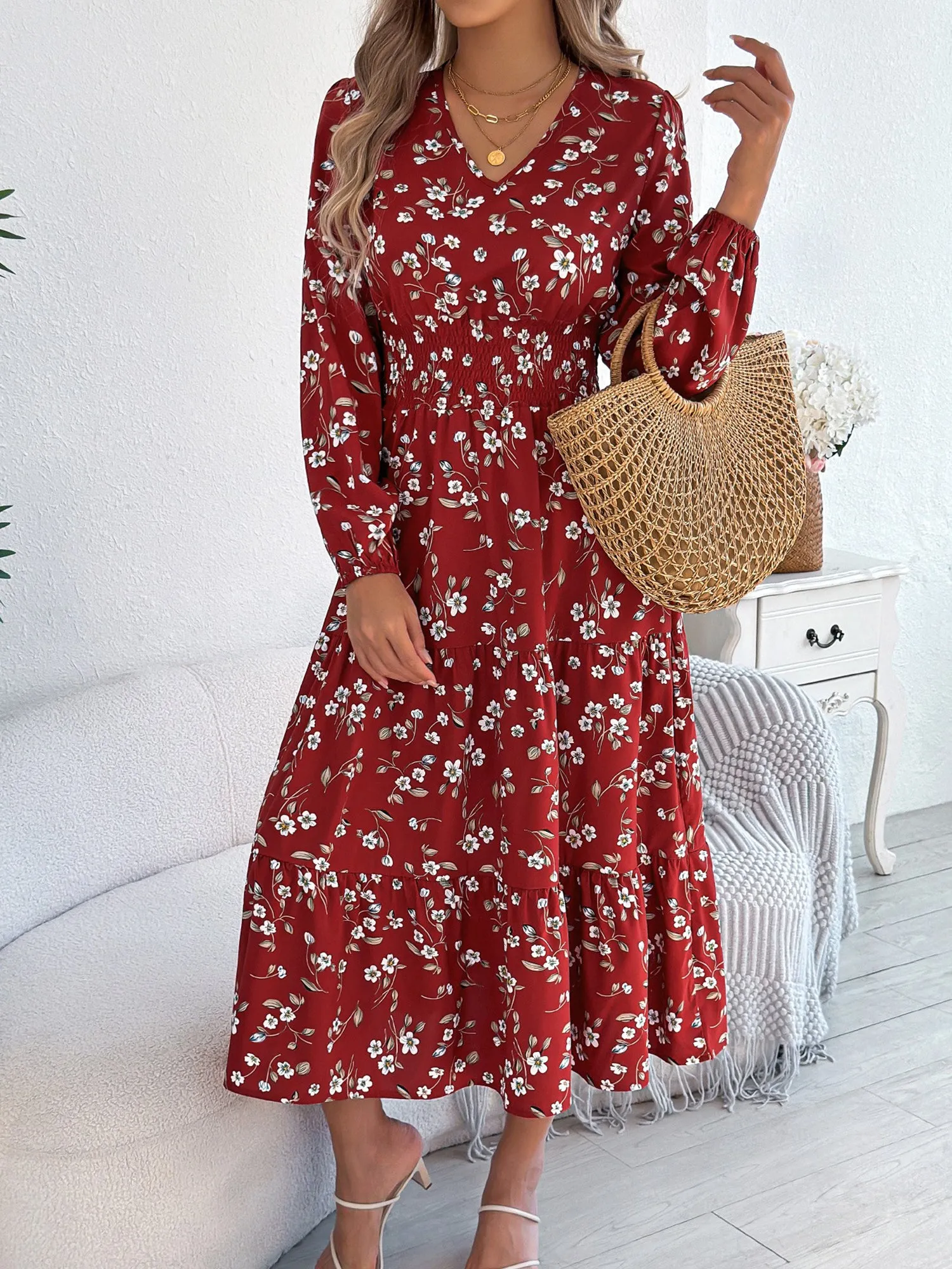 Floral V Neck Long Sleeve Smocked Tiered Midi Dress sold by Allegra K product image thumbnail 4