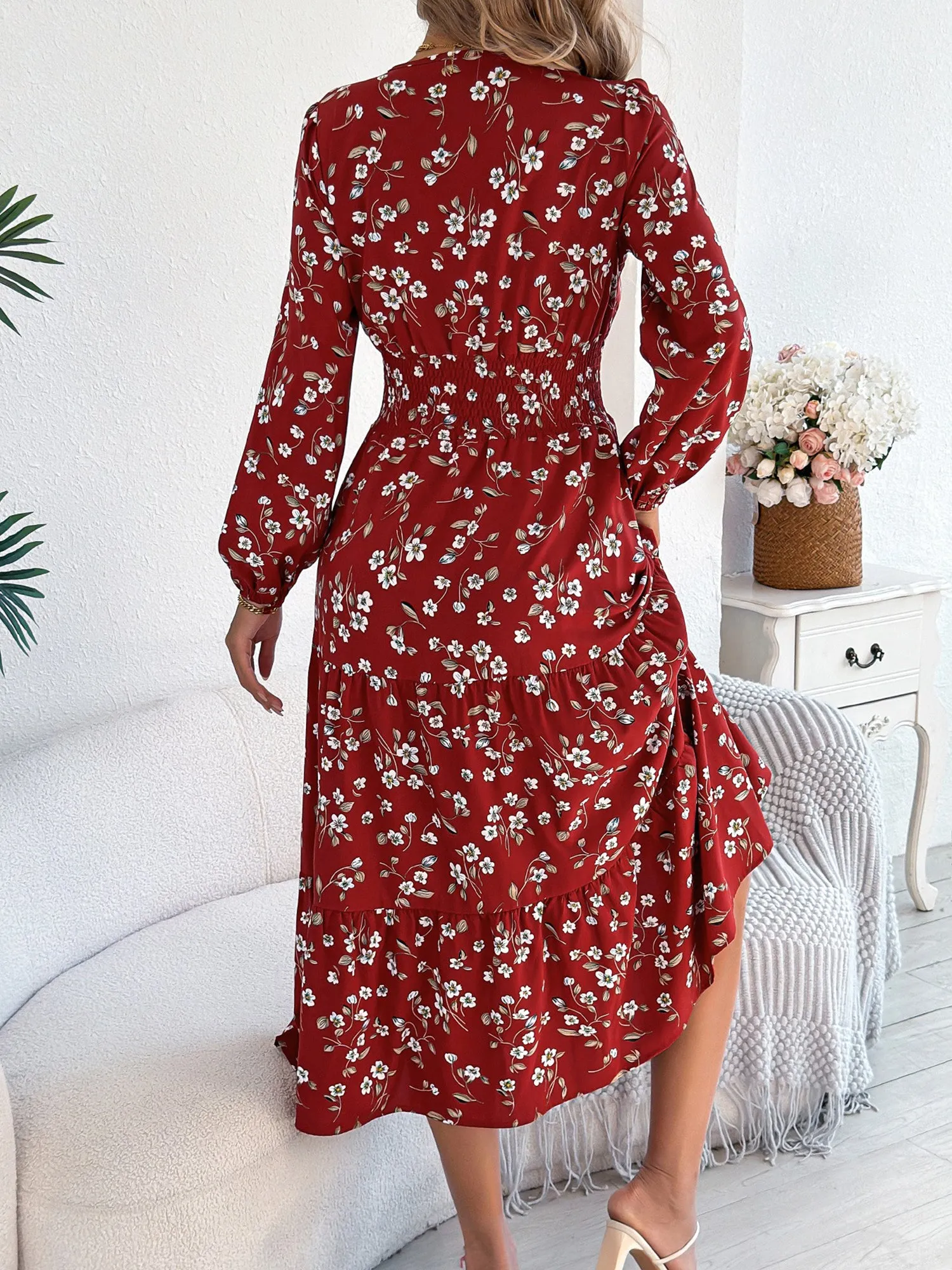Floral V Neck Long Sleeve Smocked Tiered Midi Dress sold by Allegra K product image thumbnail 2