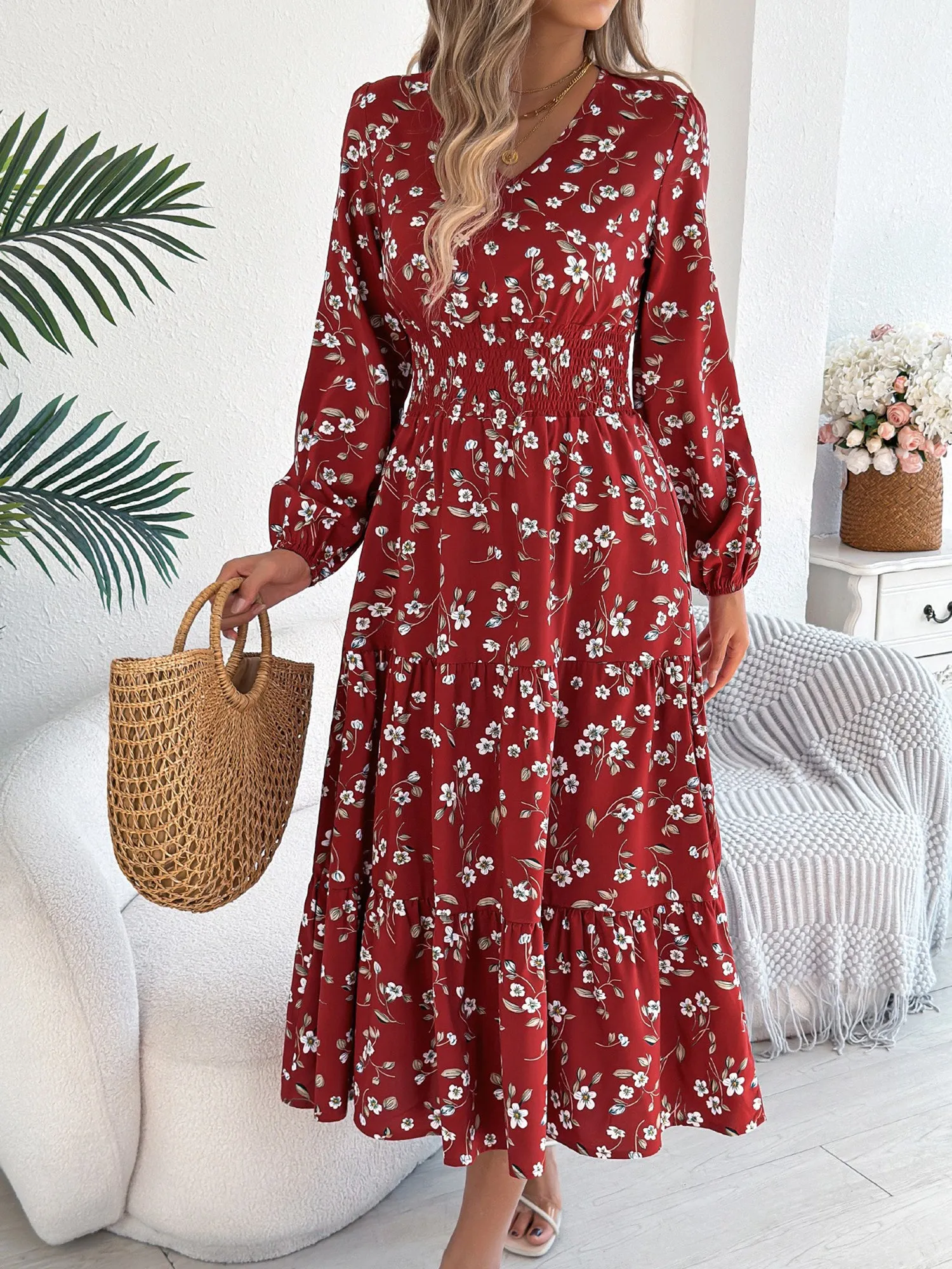 Floral V Neck Long Sleeve Smocked Tiered Midi Dress sold by Allegra K product image thumbnail 5