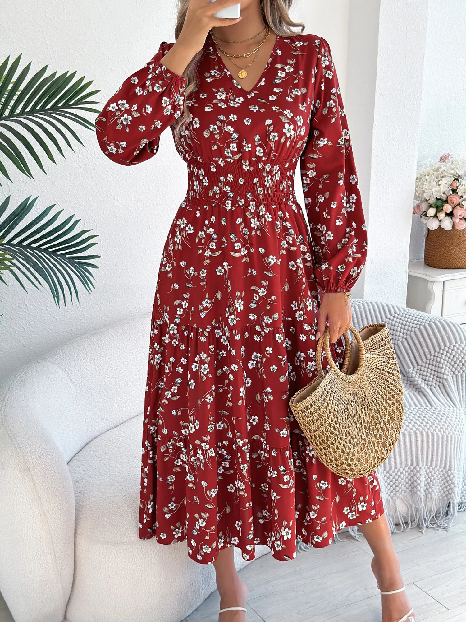 Floral V Neck Long Sleeve Smocked Tiered Midi Dress sold by Allegra K