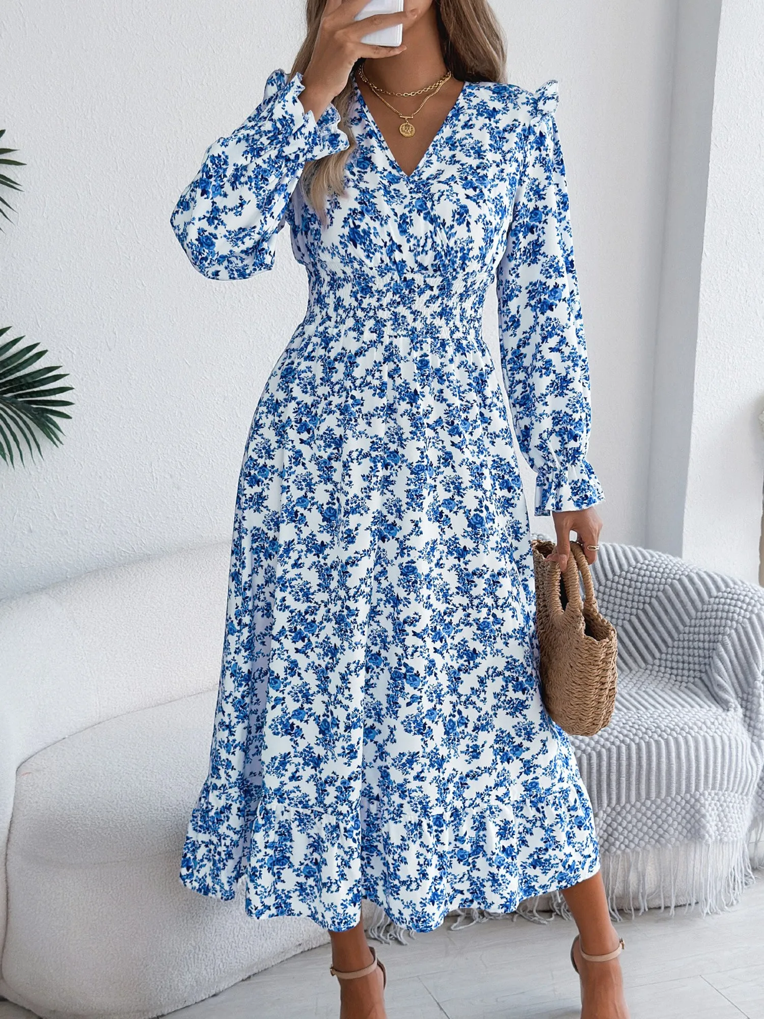 Floral Ruffle Long Sleeves Smocked Waist Midi Dress sold by Allegra K product image thumbnail 4