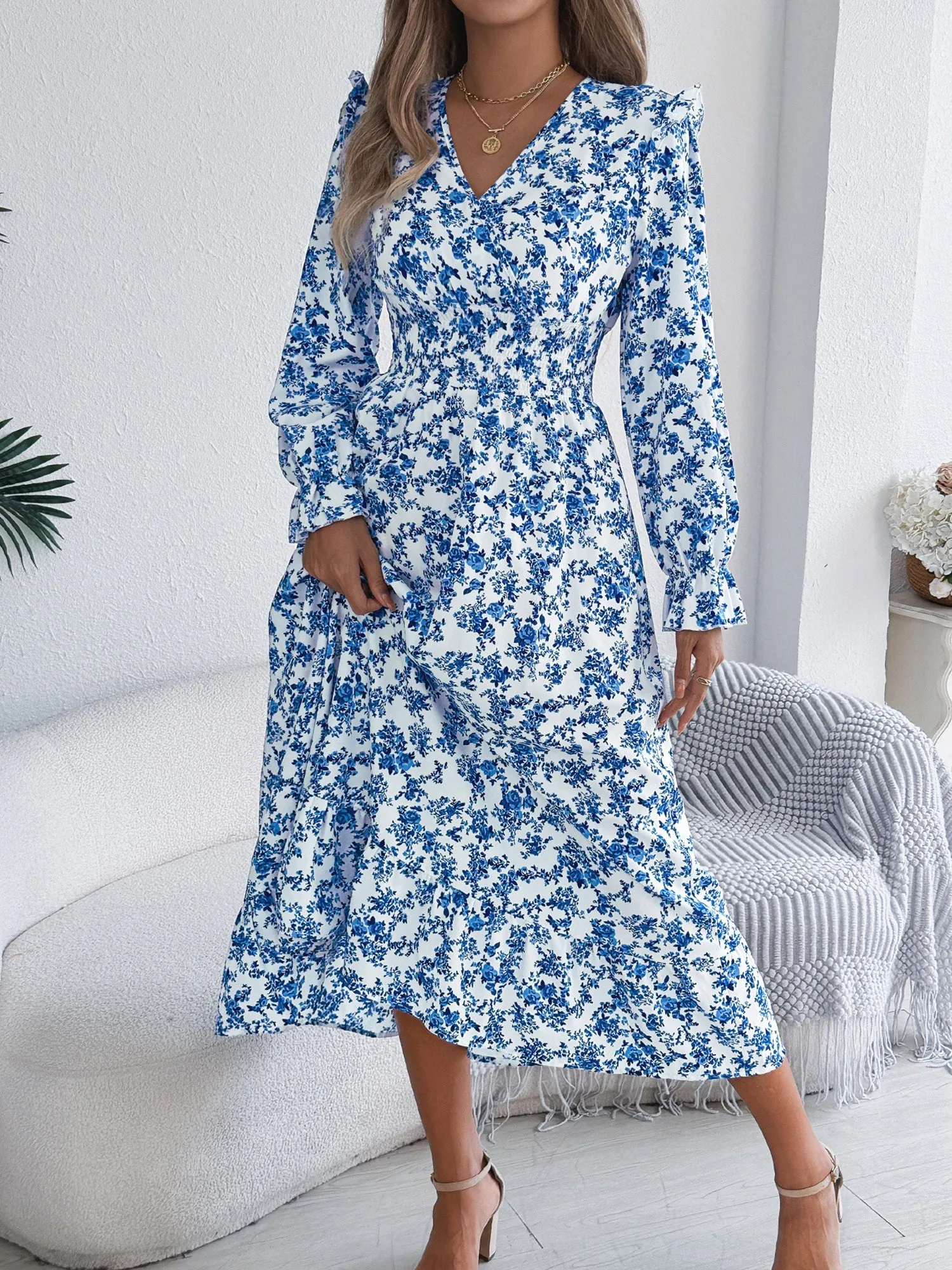 Floral Ruffle Long Sleeves Smocked Waist Midi Dress sold by Allegra K product image thumbnail 3