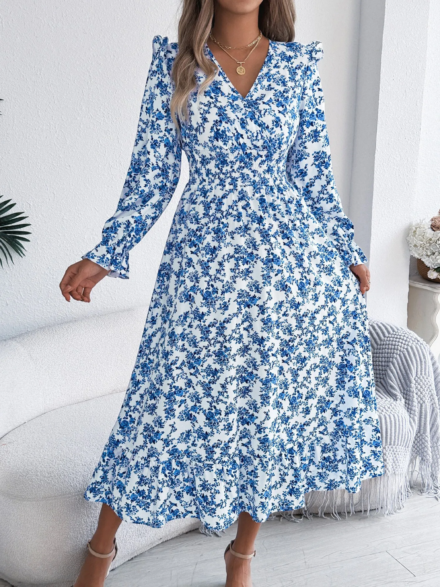 Floral Ruffle Long Sleeves Smocked Waist Midi Dress sold by Allegra K
