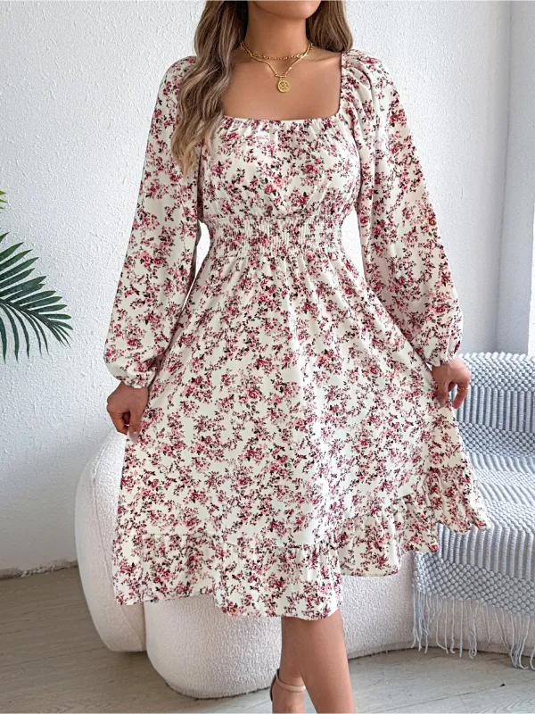 Floral Square Neck Long Sleeve Smocked A-Line Dress sold by Allegra K