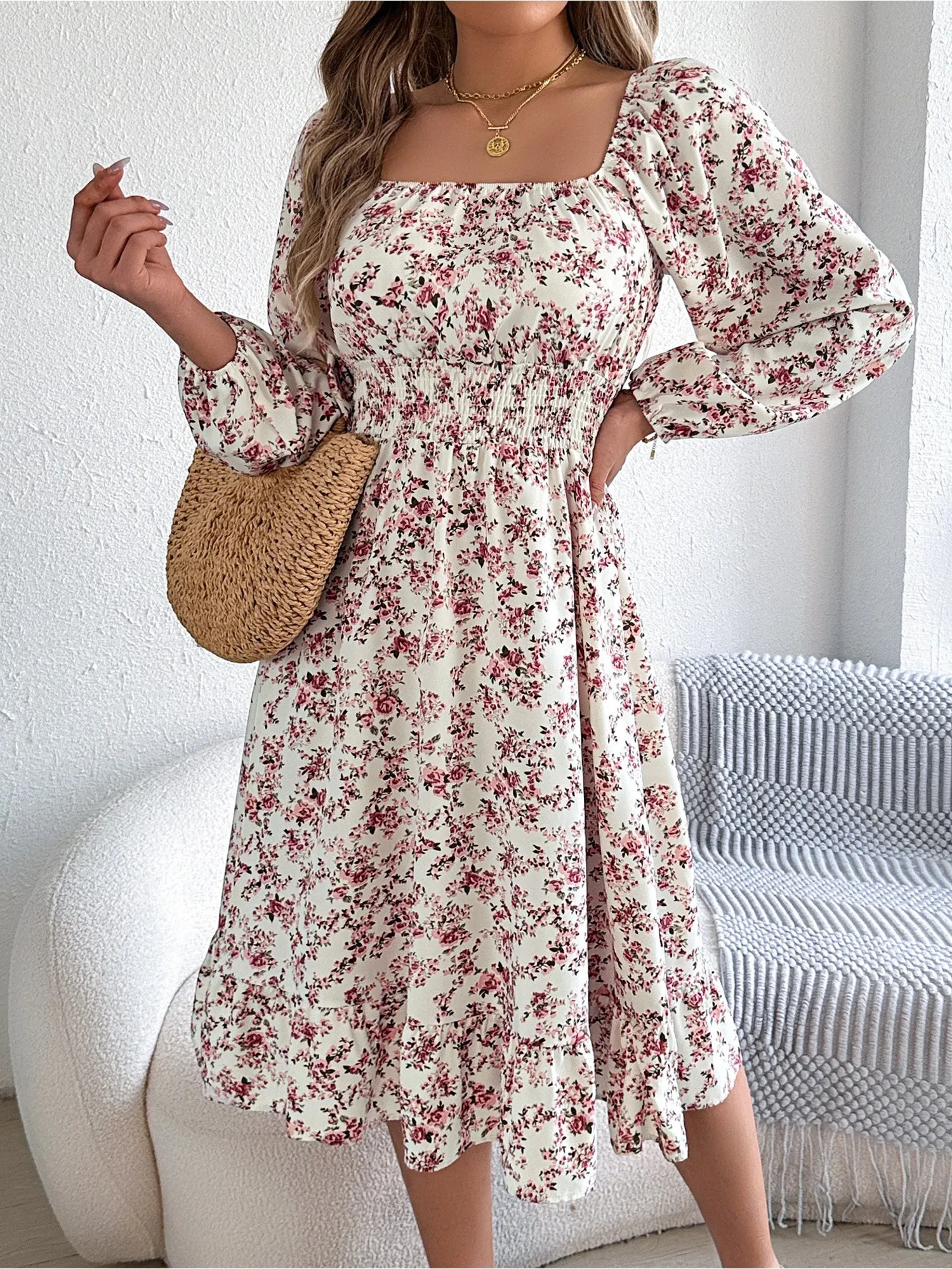Floral Square Neck Long Sleeve Smocked A-Line Dress sold by Allegra K product image thumbnail 4
