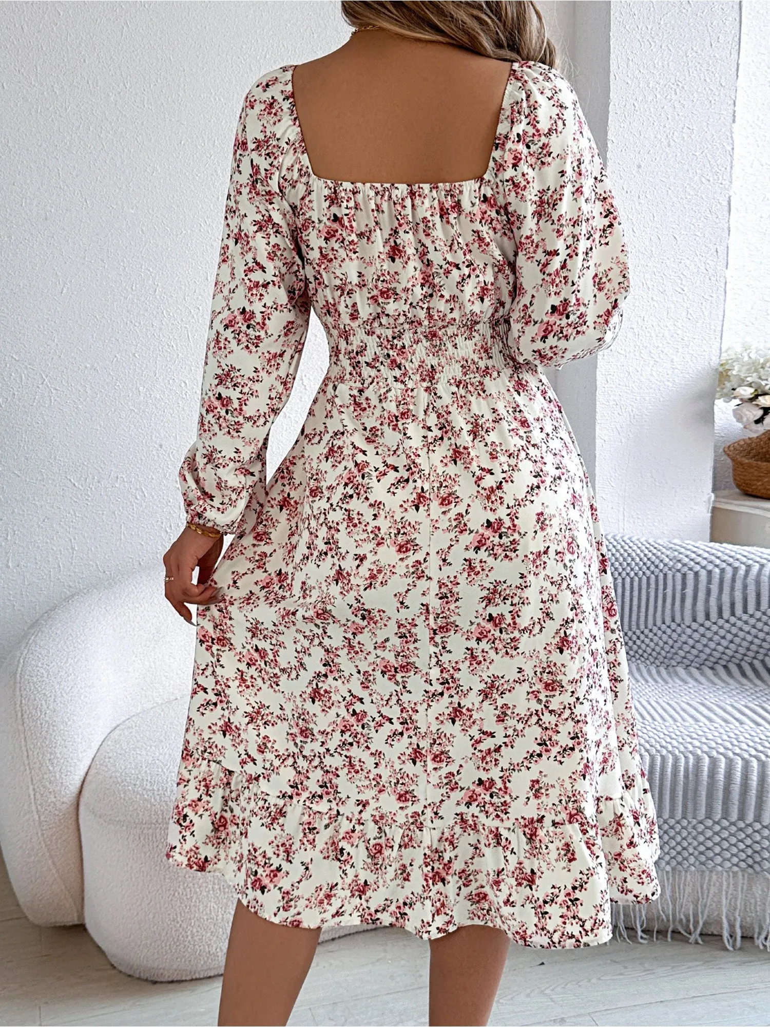 Floral Square Neck Long Sleeve Smocked A-Line Dress sold by Allegra K product image thumbnail 2