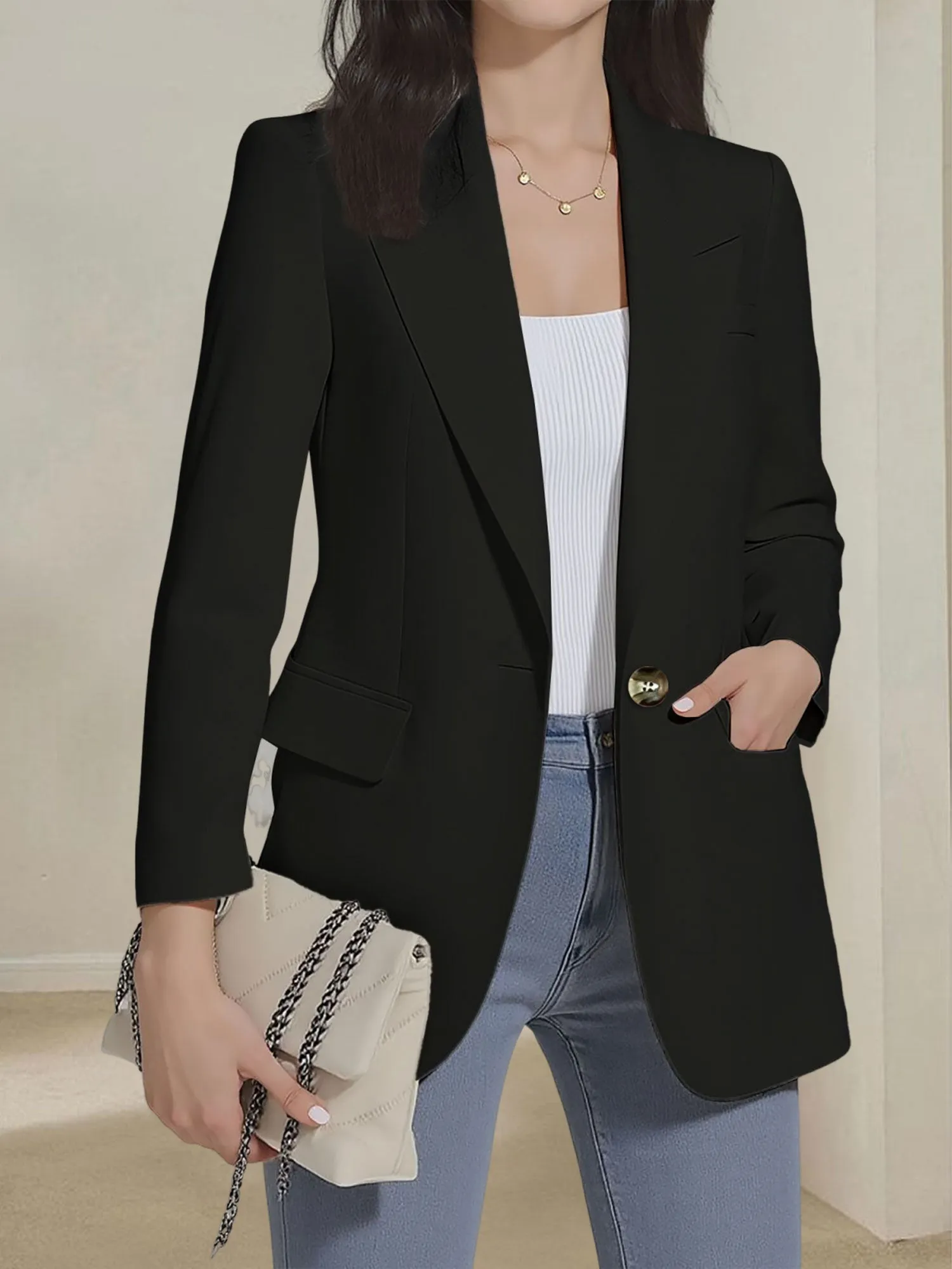 Notched Lapel Single Button Long Sleeves Blazer sold by Allegra K product image thumbnail 2