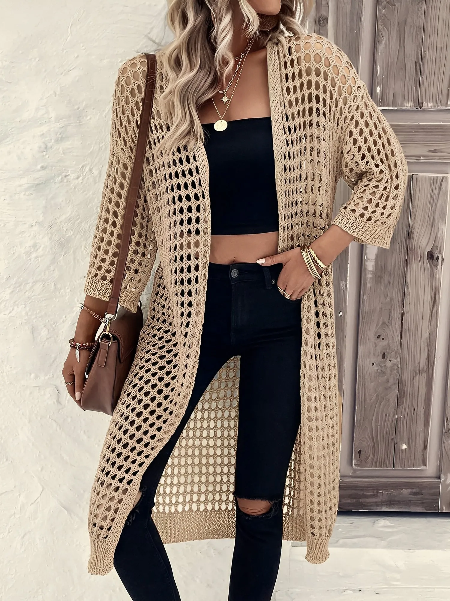 Hollow Knitted Mid-Length 3/4 Sleeves Open Front Jacket sold by Allegra K product image thumbnail 3