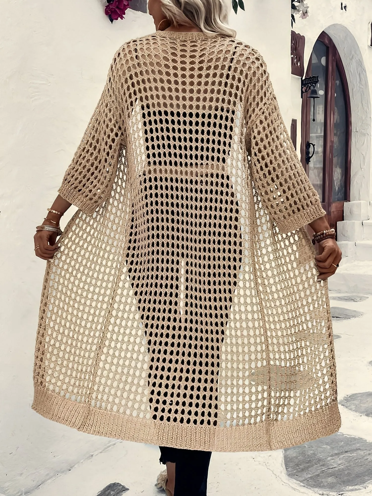 Hollow Knitted Mid-Length 3/4 Sleeves Open Front Jacket sold by Allegra K product image thumbnail 2