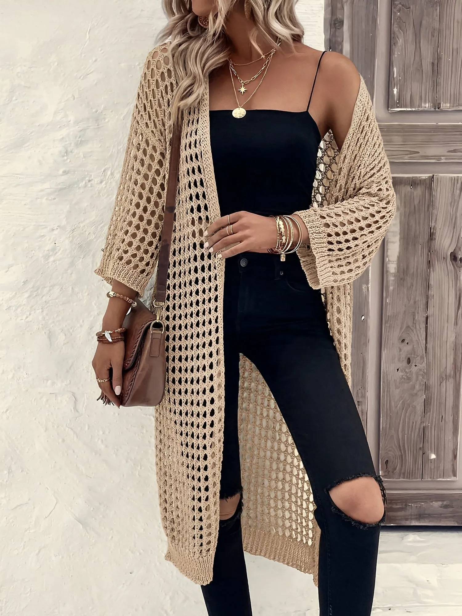 Hollow Knitted Mid-Length 3/4 Sleeves Open Front Jacket sold by Allegra K
