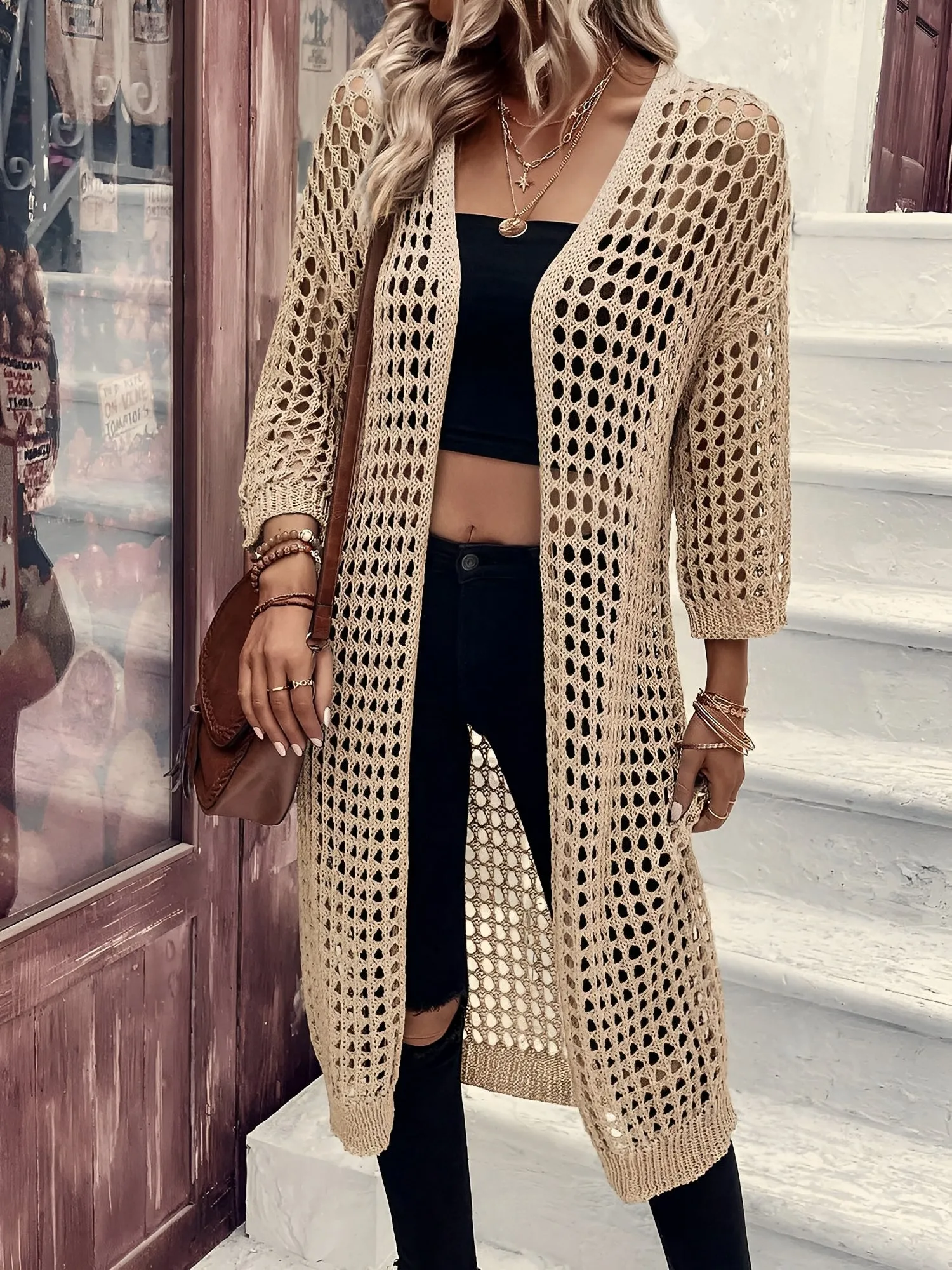 Hollow Knitted Mid-Length 3/4 Sleeves Open Front Jacket sold by Allegra K product image thumbnail 5